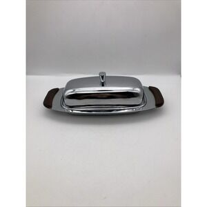 MCM Vintage ButterDish Wood Chrome Metal Covered Glass Plate Mid Century Modern